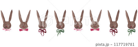 Vintage style brown rabbit. Hares with bows. Border for Easter decor. Watercolor sketch Vintage style brown rabbit. Hares with bows. Border for Easter decor. Watercolor sketch 117719781
