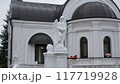 Bagrationovsk - August 23, 2024. The Temple of Faith, Hope, Love and their mother Sophia in Bagrationovsk, Russia. Angel statue in front of the church. 117719928