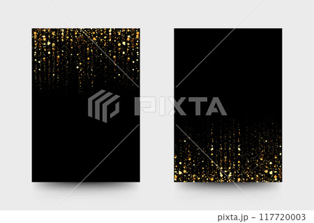 Wedding, business, presentation or birthday invitation templates with gold glitter sparkling garlands on black background. Wedding, business, presentation or birthday invitation templates with gold glitter sparkling garlands on black background. 117720003
