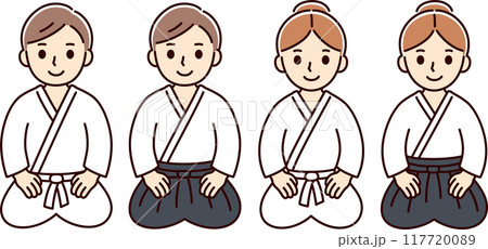 Cute cartoon Aikido man and woman sitting seiza 117720089