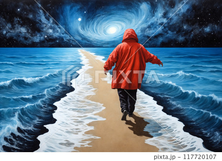 A lonely journey into the interior of oneself, a person dressed in a red coat walks along a sand path through the middle of the cosmic ocean. In the background a starry sky. 117720107