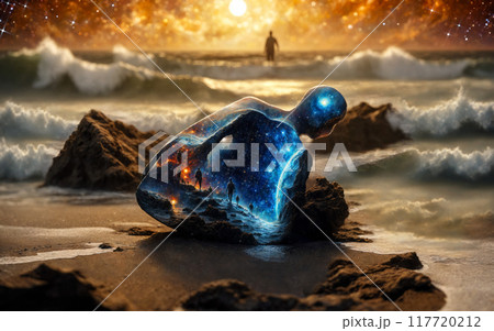 A lonely journey into the inner self, a man walks into the depths of the sea during sunset. A journey to the source through the cosmic ocean. A cosmic cornerstone in the foreground A lonely journey into the inner self, a man walks into the depths of the sea during sunset. A journey to the source through the cosmic ocean. A cosmic cornerstone in the foreground 117720212