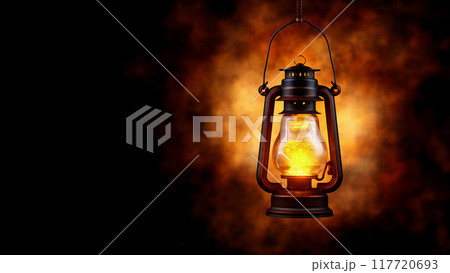A beautiful, antique lantern on a dark brown background. Copy space. 117720693