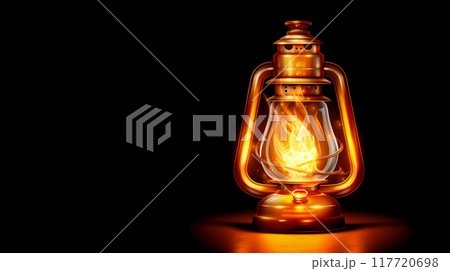 Beautiful, antique lantern on a black background. Copy space. 117720698