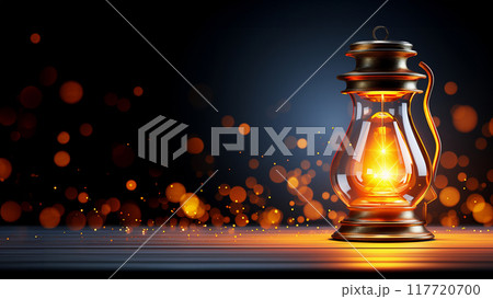 A beautiful, antique lantern on a dark blue background with golden bokeh. Copy space. 117720700