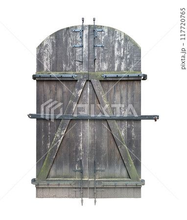 Old wooden rustic door isolated on white background Old wooden rustic door isolated on white background 117720765