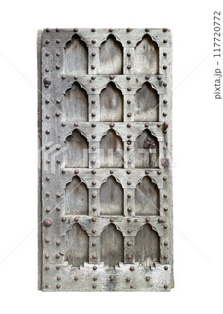 Old wooden rustic door isolated on white background 117720772