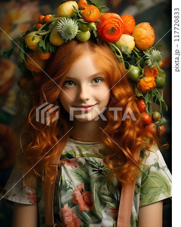 A young girl with curly red hair and a flower crown smiling warmly, showcasing a harmonious blend of innocence and natural beauty. 117720833