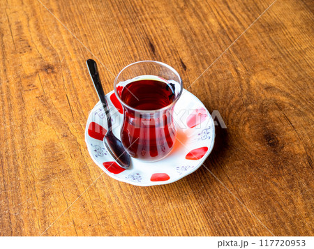 above view of turkish tea in small glass 117720953