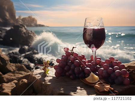 A glass of red wine sits on a sandy beach alongside bunches of grapes, with the ocean waves gently crashing in the background. This scene captures a tranquil and refreshing seaside moment, ideal for u A glass of red wine sits on a sandy beach alongside bunches of grapes, with the ocean waves gently crashing in the background. This scene captures a tranquil and refreshing seaside moment, ideal for u 117721102