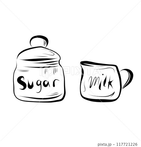 Line drawing. Line art sugar jar and milk and cream jug. 117721226