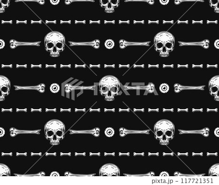 Geometric Halloween pattern with horizontal stripes with broken bones, human half skull without jaw, eyeballs on black background. 117721351
