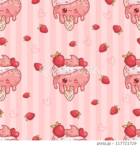 Seamless pattern with cute ice cream cone with strawberries and melted drops on striped pink background. Funny sweet dessert kawaii character. Vector illustration. 117721729