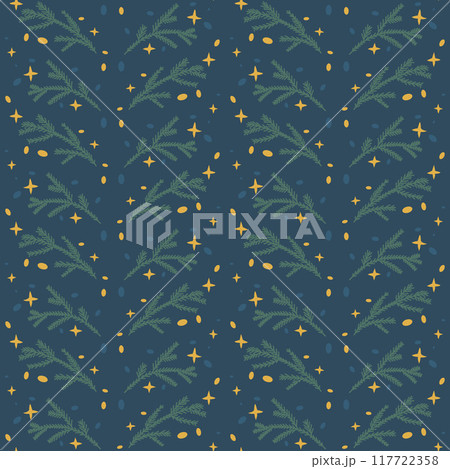 Christmas night seamless pattern. Pine branches repeat background. Tree branches and stars dark surface design endless design. Vector hand drawn illustration. 117722358