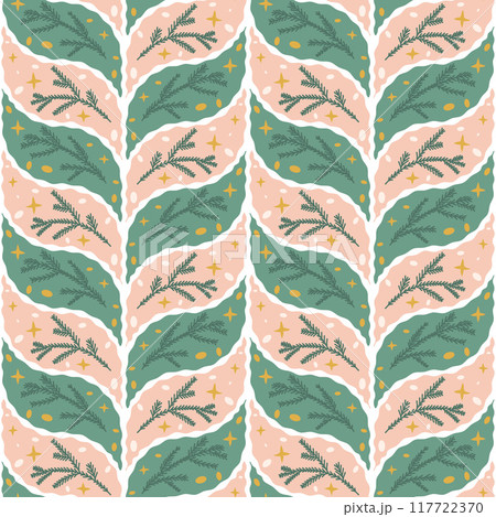 Christmas tree branches and stars seamless pattern. Pine branches braided repeat background. Winter festive elements endless design. Vector hand drawn illustration. Christmas tree branches and stars seamless pattern. Pine branches braided repeat background. Winter festive elements endless design. Vector hand drawn illustration. 117722370