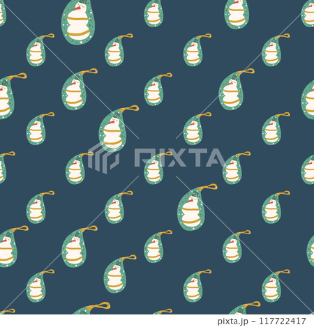 Snowman seamless pattern. Christmas Glass baubles repeat background. Paisley shape toy retro holiday season surface pattern design. Vector hand drawn illustration. 117722417