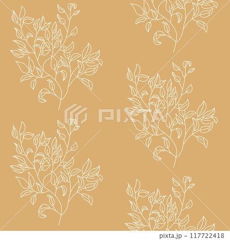 Seamless floral pattern with delicate foliage. Lace tree branch continuous ornament. Vector hand drawn stroke illustration. 117722418