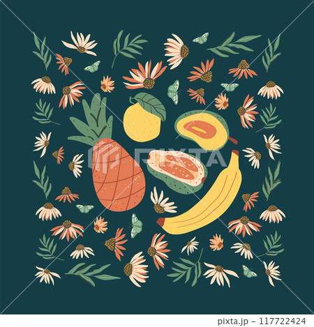 Pineapple, banana and wildflowers poster. Peach, guava and mango banner. Flowers and fruits background card. Vector hand drawn illustration Pineapple, banana and wildflowers poster. Peach, guava and mango banner. Flowers and fruits background card. Vector hand drawn illustration 117722424