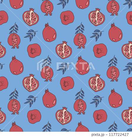 Pomegranate seamless pattern. Ripe fruits and leaves endless background. Half and whole pomegranates repeat cover. Blue and red continuous surface design ornament. Vector illustration. 117722427