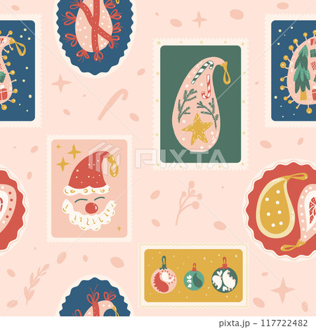 Christmas baubles seamless pattern. Bento box Xmas balls repeat background. New Year retro stamps endless design. Vector hand drawn illustration. 117722482