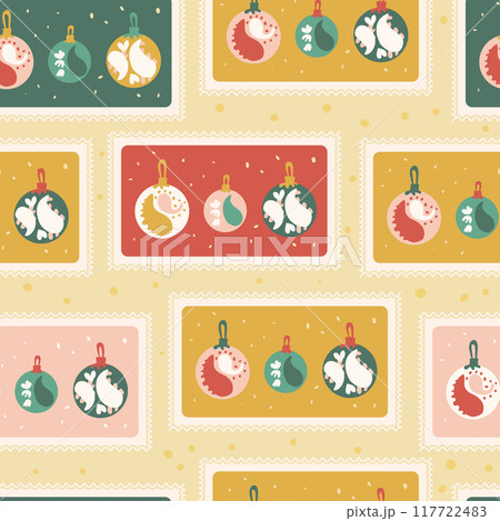 Christmas balls seamless pattern. Bento box New Year repeat background. Glass baubles retro post stamps holiday season surface pattern design. Vector hand drawn illustration. Christmas balls seamless pattern. Bento box New Year repeat background. Glass baubles retro post stamps holiday season surface pattern design. Vector hand drawn illustration. 117722483
