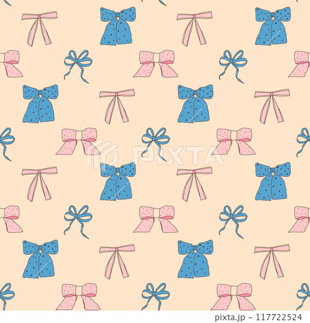 Bows seamless pattern. Decorative band endless background. Coquet gift and present beauty accessories repeat cover. Bowknot continuous ornament. Vector hand drawn illustration. 117722524