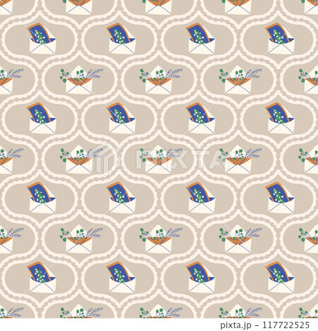 Christmas greeting cards repeat background. Envelope with branches and berries damask seamless pattern. Holiday invitation retro endless design. Vector hand drawn illustration 117722525