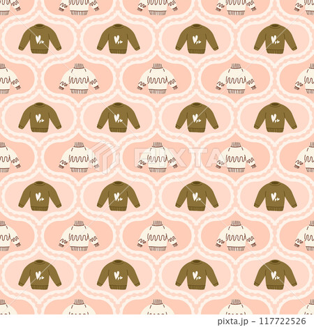 Sweater damask seamless pattern. Warm cozy clothes arch repeat background. Casual pullover retro endless design. Vector hand drawn flat illustration. 117722526