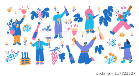Wine Festival Set. People with wineglasses and bottles kit. Cute characters with alcohol beverage. Vector hand drawn collection illustration isolated on white background. 117722527