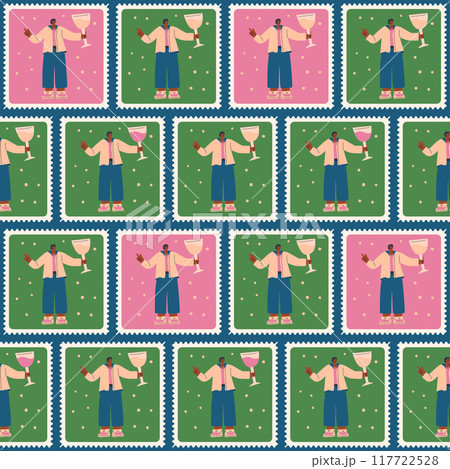 Stylized man character with white wine quilted seamless pattern. Bento box Wine lover repeat background. Patchwork retro post stamps endless design. Vector hand drawn illustration. 117722528