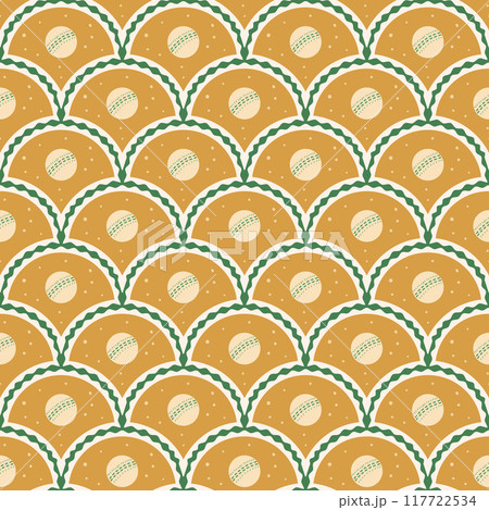 Cricket ball scallop seamless pattern. Sport arch repeat background. Cricket equipment retro endless yellow backdrop. Vector hand drawn illustration. 117722534