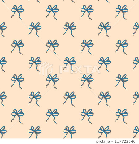 blue bows seamless pattern. Silk band repeat background. Bowknot continuous surface ornament. Vector hand drawn flat illustration. blue bows seamless pattern. Silk band repeat background. Bowknot continuous surface ornament. Vector hand drawn flat illustration. 117722540