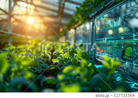 Greenhouse fitted with IoT climate control systems ensuring optimal plant growth, rows of flourishing plants, controlled environment agriculture 117722569