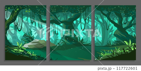 Jungle landscape. Wild forest. Tree trunks and lianas. Tropical nature. Green leaves. Rainforest foliage. Summer mystical scenery. Branches greenery. Vector panorama backgrounds set Jungle landscape. Wild forest. Tree trunks and lianas. Tropical nature. Green leaves. Rainforest foliage. Summer mystical scenery. Branches greenery. Vector panorama backgrounds set 117722601