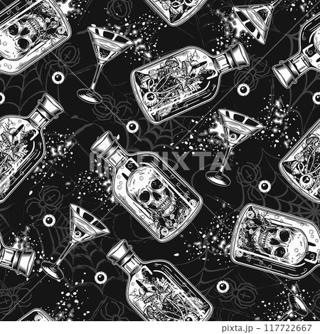 Pattern with bottle with potion with human skull inside, martini glass with poisonous cocktail. Distorted spiderweb with crawling spiders on background. Halloween creepy graphics 117722667