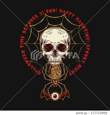 Creepy label with skull, spider, eye monster 117722669