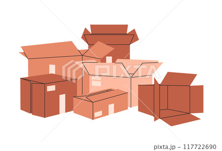 Cartoon boxes. Stacked cardboard boxes piles, cargo warehouse box stack, delivery or moving containers flat vector illustration. Hand drawn boxes collection on white 117722690