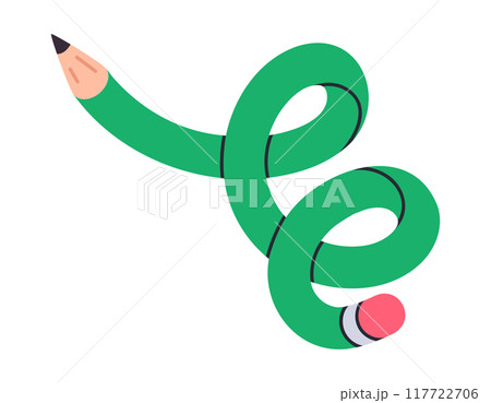 Funny simple pencil. Comic twisted pencil, curved intertwined pencil, cute school supply flat vector illustration. Cartoon funky twisted pencil Funny simple pencil. Comic twisted pencil, curved intertwined pencil, cute school supply flat vector illustration. Cartoon funky twisted pencil 117722706