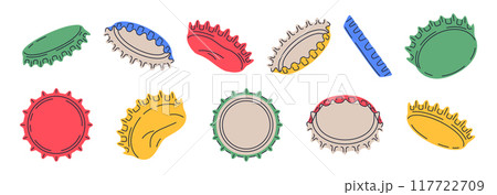 Glassware bottle caps. Metallic beer, soda or lemonade bottle caps, metallic lid for glass containers with refreshing beverages flat vector illustration set. Cartoon metal caps Glassware bottle caps. Metallic beer, soda or lemonade bottle caps, metallic lid for glass containers with refreshing beverages flat vector illustration set. Cartoon metal caps 117722709
