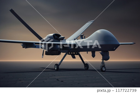 General Atomics MQ-9 Reaper drone flying above desert. 117722739