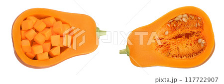 butternut squash half isolated on white background with full depth of field. Top view. Flat lay butternut squash half isolated on white background with full depth of field. Top view. Flat lay 117722907