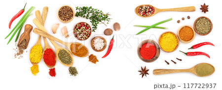 mix of spices in wooden spoon isolated on a white background. Top view. Flat lay. Set or collection mix of spices in wooden spoon isolated on a white background. Top view. Flat lay. Set or collection 117722937