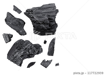 Natural wooden charcoal isolated on white background with full depth of field. Top view with copy space for your text. Flat lay Natural wooden charcoal isolated on white background with full depth of field. Top view with copy space for your text. Flat lay 117722939