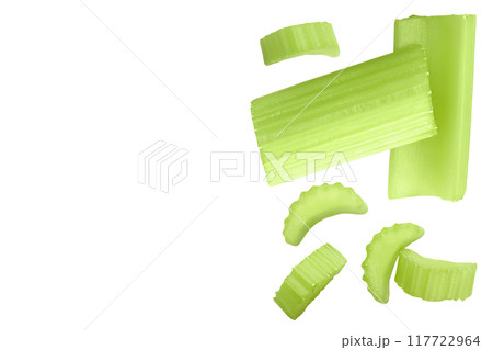 fresh celery in wooden bowl isolated on white background. Top view with copy space for your text. Flat lay 117722964