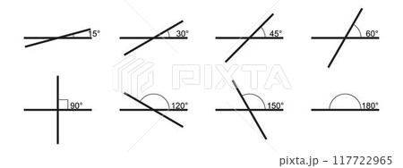 Set of different angle degree icons. Collection of protractor values. Geometric or trigonometric corner measurements. Mathematics symbols isolated on white background. Vector graphic illustration 117722965