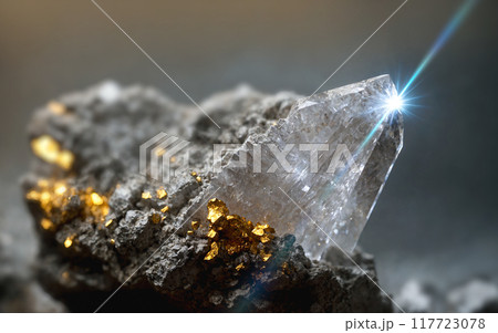 Gold ore embedded in a white rock quartz crystal. Close up Gold ore embedded in a white rock quartz crystal. Close up 117723078