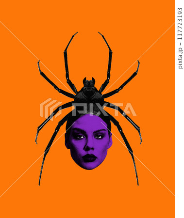Spider with woman purple face as its body, set against vivid orange background. Beauty and creepiness in surreal form. Contemporary art collage. 117723193