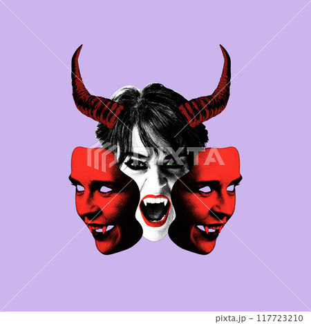Terrifying female figure with demonic horns and fangs, with red vampire-like faces around against purple background. Haunting spirit. Contemporary art collage. Terrifying female figure with demonic horns and fangs, with red vampire-like faces around against purple background. Haunting spirit. Contemporary art collage. 117723210