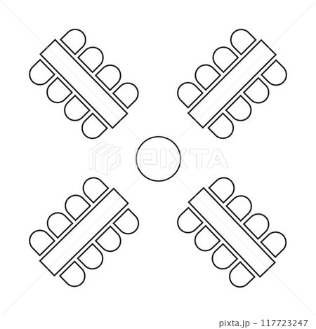 Seats arrangement on wedding banquete or festive event. Restaurant or cafe seatings interior plan. Top view. Schematic blueprint tables and chairs icons. Vector graphic illustration Seats arrangement on wedding banquete or festive event. Restaurant or cafe seatings interior plan. Top view. Schematic blueprint tables and chairs icons. Vector graphic illustration 117723247