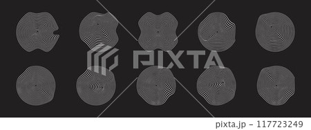 White wavy concentric circles on black background. Pulse, sound or ripple icons. Cyberpunk soundwave signs. Dynamic, motion or flow symbols. Trendy futuristic shapes. Vector graphic illustration White wavy concentric circles on black background. Pulse, sound or ripple icons. Cyberpunk soundwave signs. Dynamic, motion or flow symbols. Trendy futuristic shapes. Vector graphic illustration 117723249